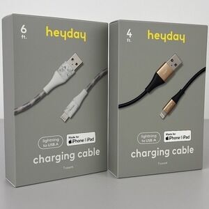 Heyday Lightning to USB-A Charging Cables Lot 6ft Marble + 4ft‎ Black – New